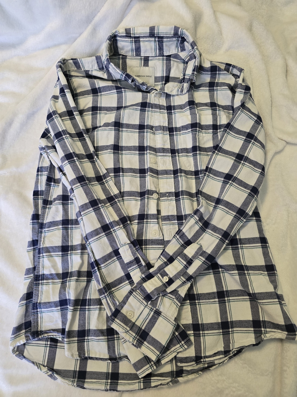 American Eagle Navy Blue White Plaid Flannel Button Up Shirt XS Classic Fit